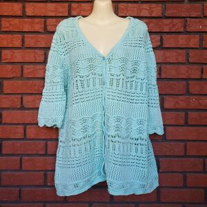 Pointelle Crochet Cardigan Sweater Sz M 3/4 Sleeve Aqua Blue Sea Green Cottage